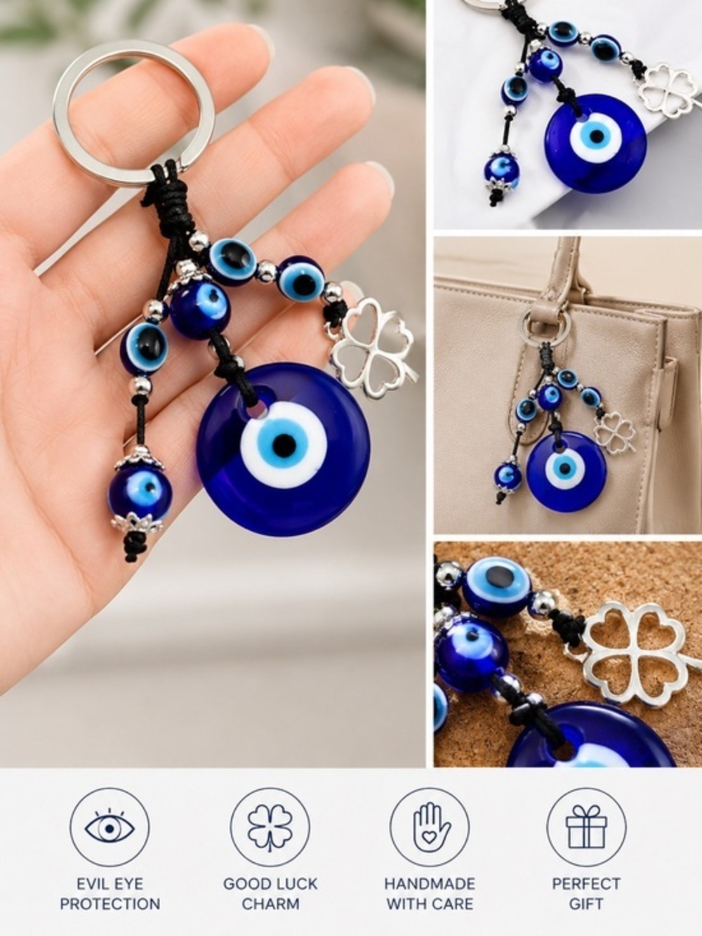 Blue Evil Eye Glass Keychain Lucky Charm Bag Charm Protection Key Ring